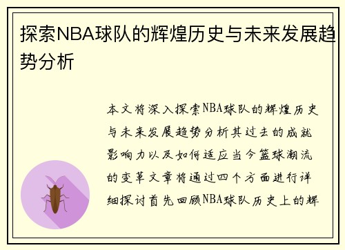 探索NBA球队的辉煌历史与未来发展趋势分析