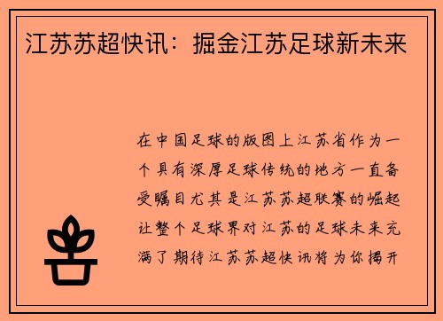江苏苏超快讯：掘金江苏足球新未来