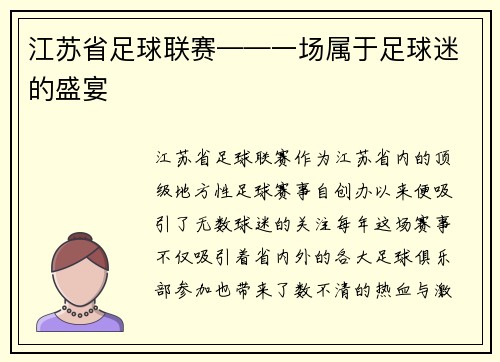 江苏省足球联赛——一场属于足球迷的盛宴